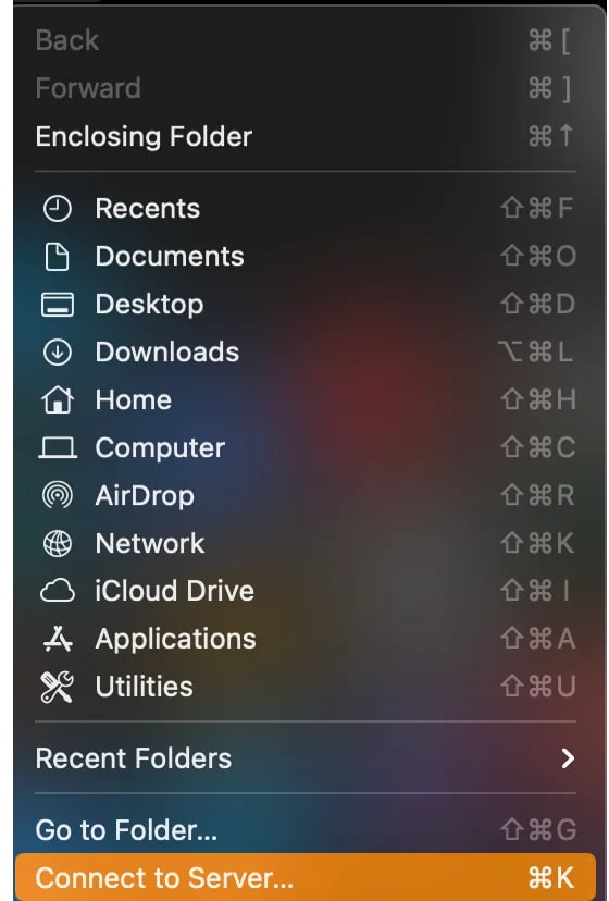 The Go menu with Connect to Server highlighted