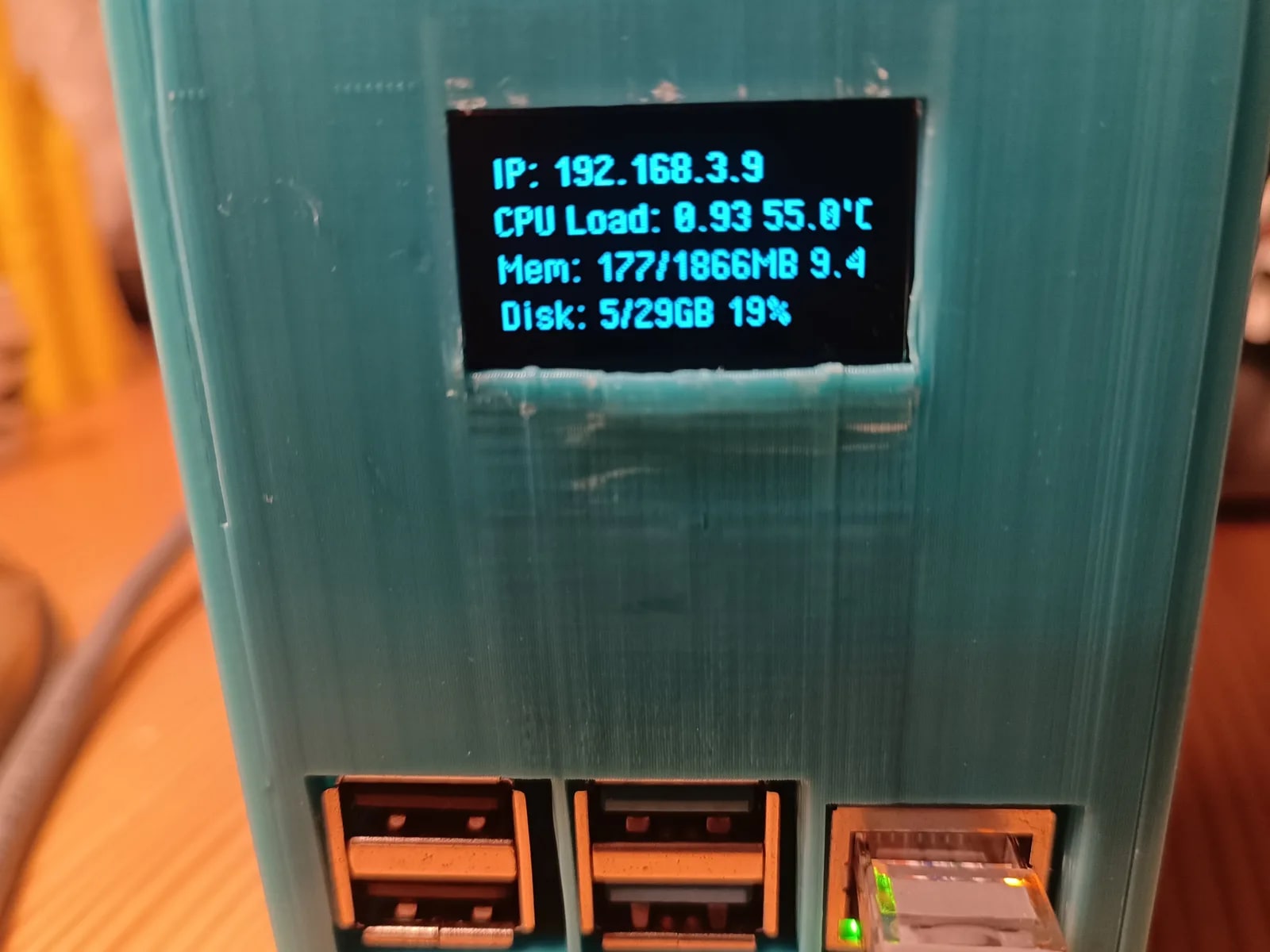The NAS running, with the I2C display lit up